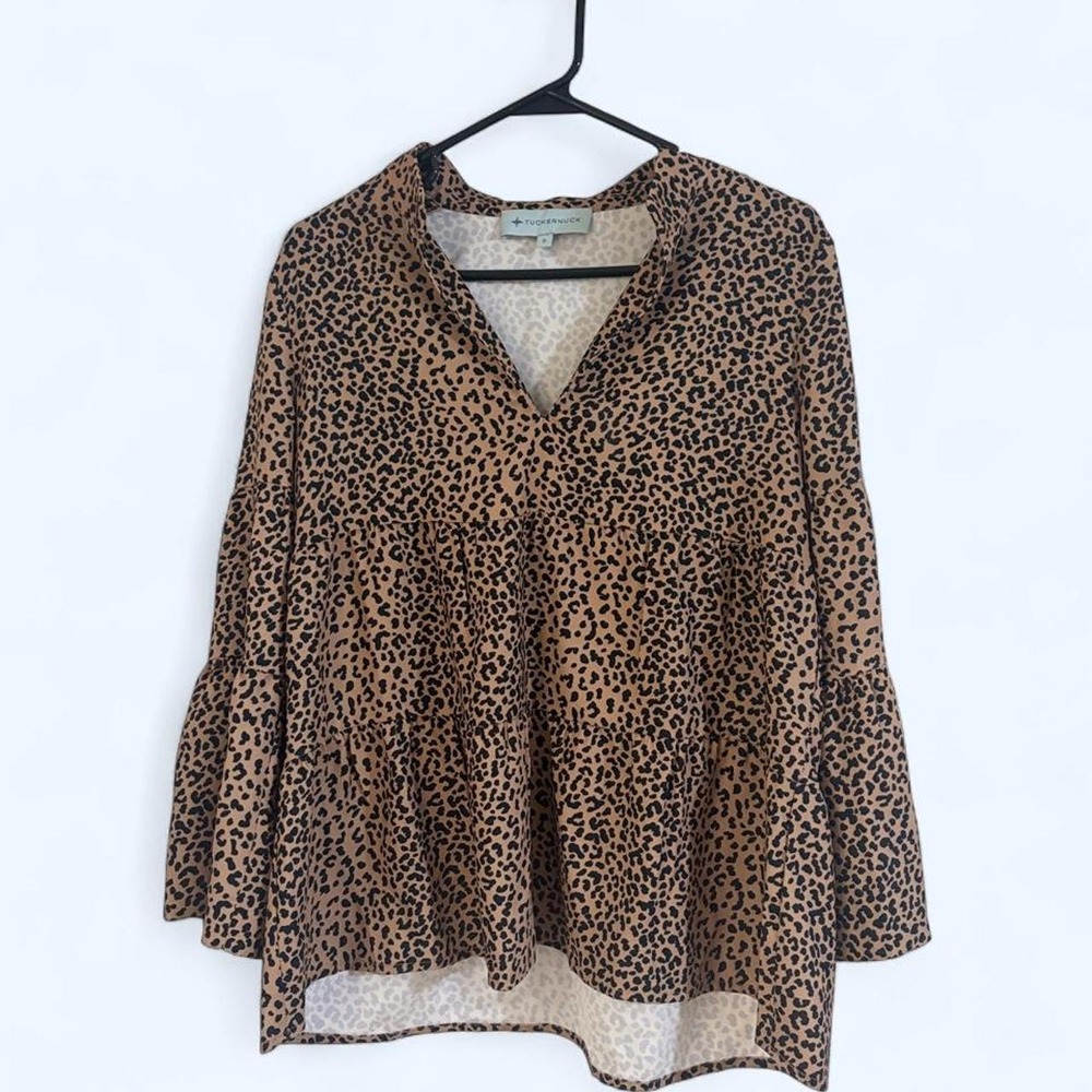 TUCKERNUCK | Tan Black Leopard Print Tiered Babydoll Blouse Size S